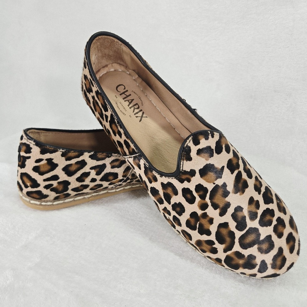 Charix Shoes Womens 7.5 Brown Leopard Loafer Flats Leather Slip On Comfort